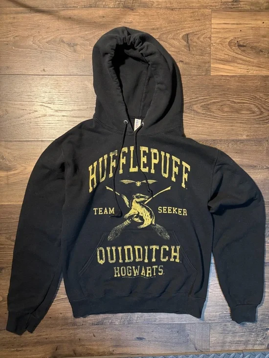 Jerzees Black Hoodie with Gold Hufflepuff Quidditch Graphic - Picture 1 of 4